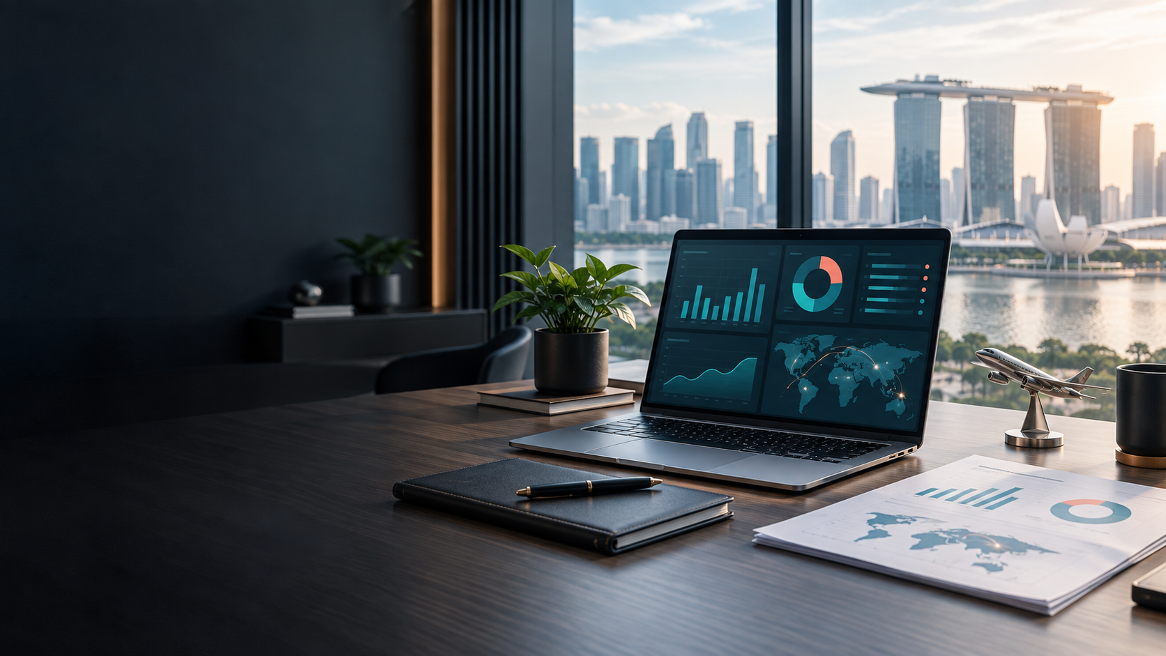 Modern finance workspace overlooking the Singapore skyline